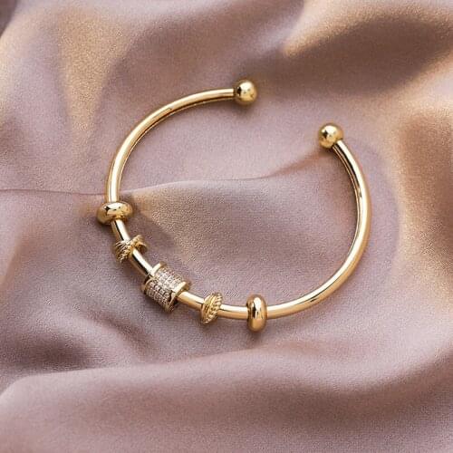 MINAR French Elegant Shiny CZ Stone Brass Gold Bangles for Women Geometric Cross Adjustable Open Charm Bracelet Party Jewelry