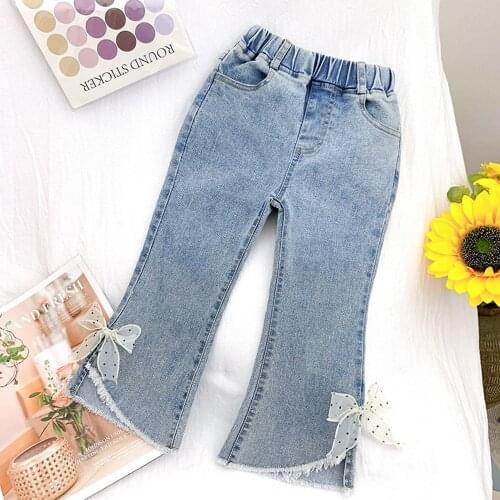 Fashion Spring Autumn Girls Kids Princess Jeans Pants Children Baby Denim Bow Flare Long Pant Trousers S12286