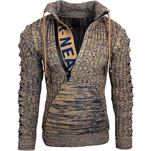 Men Pullovers Autumn Winter Letters Sweater Long Sleeve Turn Down Collar Ripped Jumper