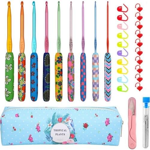 9 Pcs/Set Crochet Hooks Knitting Needles Set Soft Handle Aluminum Color Printing DIY Crochet Sewing Tools Kit