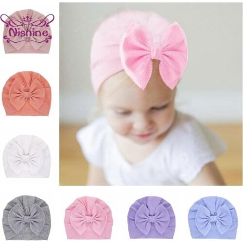 Nishine 8 Colors 19*17 CM Striped Bowknot Newborn Hat Baby Girls Cotton Bows Elastic Caps Spring and Autumn Warm Bonnet Kid Gift