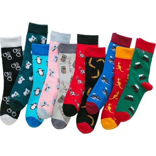 Autumn Women Cotton Cozy Pattern Tube Socks Funny Cartoon Crew Animals Penguin Koala Handcuffs Socks Harajuku Kawaii Streetwear