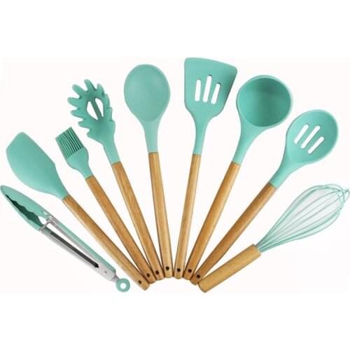 New Wood Handle Silica Gel 9 Kitchenware Sets Non-stick Pan Silica Gel Shovel Kitchen Tool Shovel cook