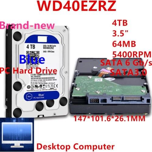 New HDD For WD Brand Blue 4TB 3.5" SATA 6 Gb/s 64MB 5400RPM For Internal Hard Disk For Desktop Hard Drive For WD40EZRZ