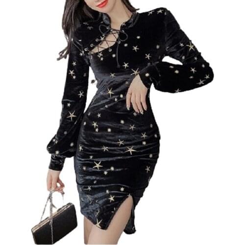 PERHAPS U Sexy Vingtage Velvet Star Lantern Sleeve O-Neck Asymmetrical Bandage Split Sheath Bodycon Short Dress Party D3081