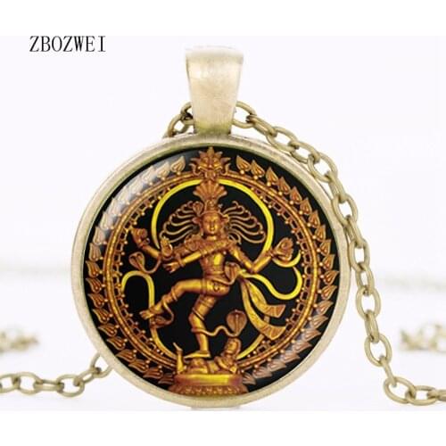 Gold Bead Necklace Dance King Shiva Pendant Glass Buddhist Jewelry India God Spiritual Amulet Clothing Accessories Necklace
