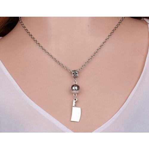 Kitchen Knife Necklace Pendant Vintage Silver Charm Choker Chain Collar Acrylic Bead Statement Necklace Women Jewelry Gift B268