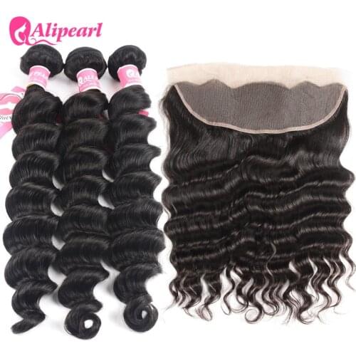 Ali Pearl Loose Deep Wave Bundles With Frontal Malaysian Human Hair Bundles With Lace Frontal Closure 3PCS Remy Hair Extensions