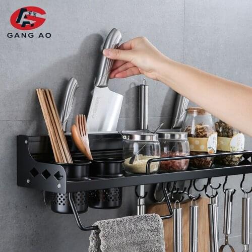 Sapce Alumimum Black Wall Mounted Kitchen Cooking Utensil Hanging Shelf Kitchen Spice Organizer With Hooks Kitchen Tools Holder
