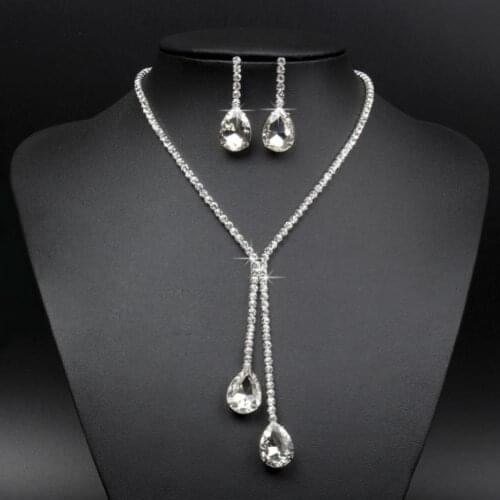 Bridal Wedding Party Rhinestone Waterdrop Pendant Necklace Earrings Jewelry Set