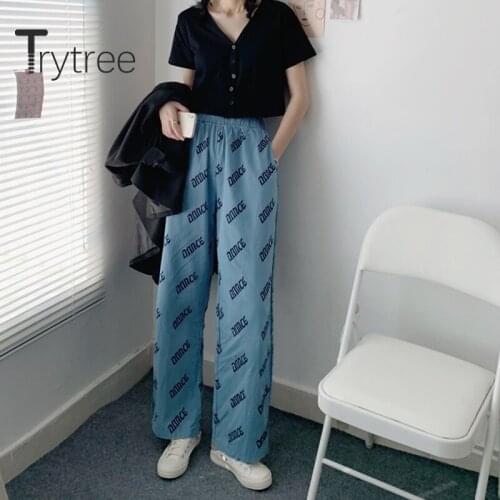 Trytree Spring Women Casual Pants Fashion Loose Wide leg pants Blue Letter Tassel Pockets Elastic Waist All-Purpose Style Pants