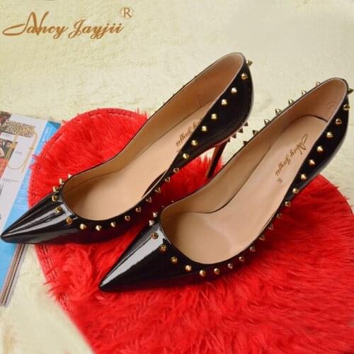 2021 Sexy Shoes Women Black Rivets Pointed Toe 10cm High Heels Hand Crafted Patent Leather Shoes Slip-On Pumps Large Size 12 14