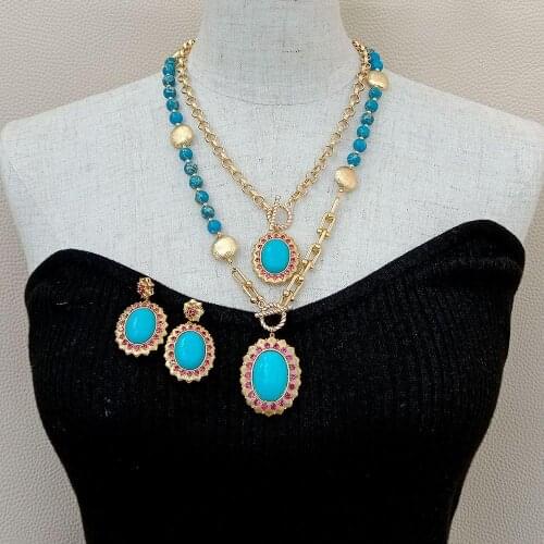 Y·YING Blue Sea Sediment Jaspers Turquoises Pendant Chain statement Necklace Earrings Set 18" for women