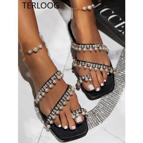 Womens Lady Summer Flop Flips Pearly Diamante Rhinestone Flat Sandal Slippers Shoes Women Set Toe Pearl Slippers Sandals Shoes