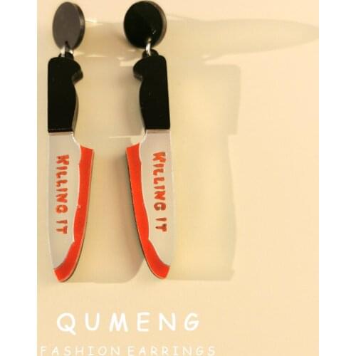 QUMENG Halloween Fashion Punk Cosplay Horror blood Knife Acrylic stud Earrings for Women Cool Dark Christmas Gifts