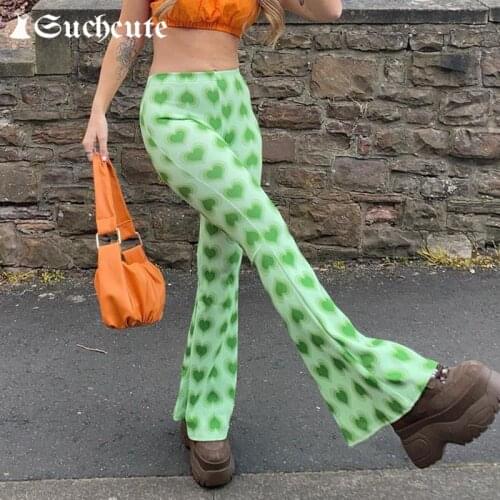 SUCHCUTE Vintage y2k Heart Print Flare Pants Women Casual High Waist Fashion Sweatpants 2021 Summer 2000s Aesthetic Trousers