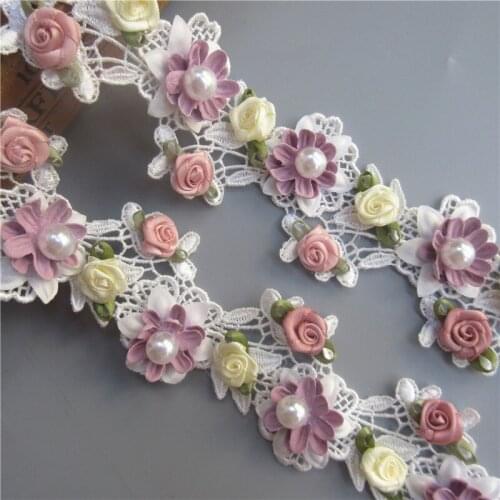 1yard Courful Rose Flower Pearl Embroidered Lace Trim Ribbon Fabric Sewing Supplies Craft For Costume Dress Hat Decoration