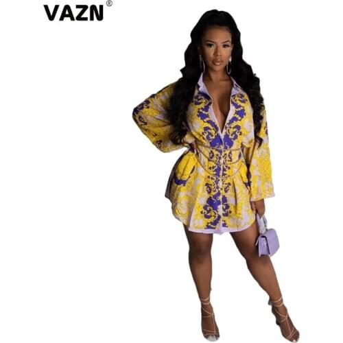 VAZN 2020 Autumn Office Lady Women Deep Female Ladies Long Sleeve Deep Shirt Dress Sexy Mini Beach Dress