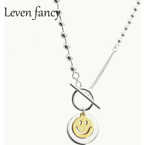 925 Sterling Silver Smiley Face Pendant Necklace Round Disc Pendant OT Toggle Clasp Smile Necklace Jewelry for Ladies