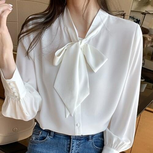 Long Sleeve White Blouse Women Tops Blouse Women Blusas Mujer De Moda 2021 Bow Collar Chiffon Blouse Shirt Clothes Blusa E124