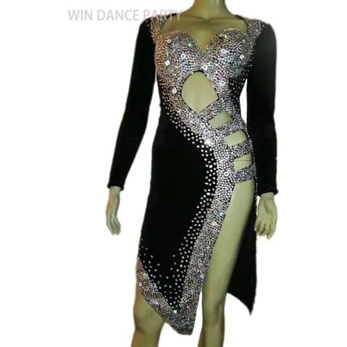 Sparkly Rhinestones Black Modern Dance Dress Outfit Stage Wear Dance Costume prom show Stretch Competition Latin Dress For Women