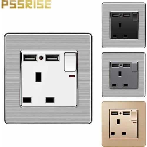 13A British standard single switch double USB switch socket stainless steel wall mounted socket grounding