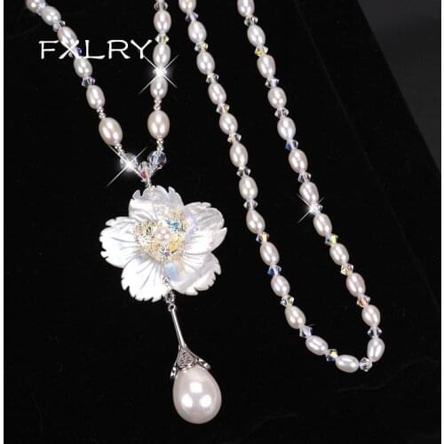 FXLRY Elegant Shell Pearl Necklaces Handmade Flower Water Drop Pendant Long Necklace Tassel Sweater Chain Crystal Beads Chain Je