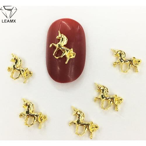 LEAMX 50PCS/bag Nail Art Decorations 3D Gold Silver Unicorn Shape Shiny Horse Alloy Nails Charms For Manicure Decor 6*10mm L547