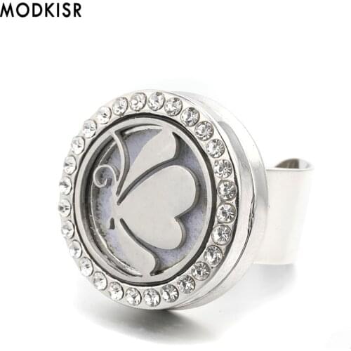 MODKISR Wholesale Stainless Steel Butterfly 25mm Temperament Aromatherapy Essential Oil Diffuser Women Rings Jewelry Female Ring