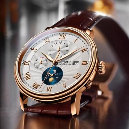 LOBINNI Men Watches Luxury Brand wrist watch Seagull Automatic Mechanical Clock Sapphire Moon Phase relogio masculino L1023B-1
