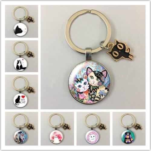 Painted cat love cat pet cute round glass cabochon keychain car keychain key ring charm keychain gift