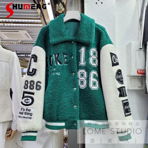 2020 Autumn and Winter New Letter Patch Fur Integrated Lamb Fur Faux Cashmere Young Jacket Womens Baseball Uniform