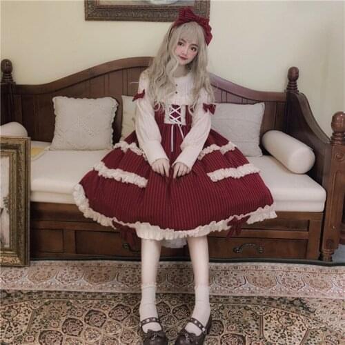 Princess tea party sweet lolita dress vintage falbala bowknot fake two pieces victorian dress kawaii girl gothic lolita op cos