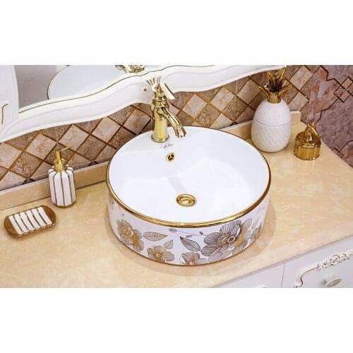 460*460*150mmNew style single hole bathroom bathroom golden round above counter basin with flower ceramic wash basin