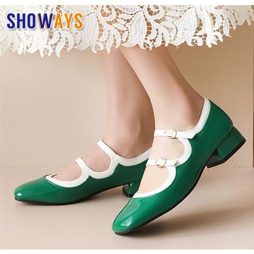 Sweet Lolita Mary Janes Green Black Patent Leather Low Block Heel Pumps Summer Dress Office Ladies Retro Square Toe Ballet Shoes