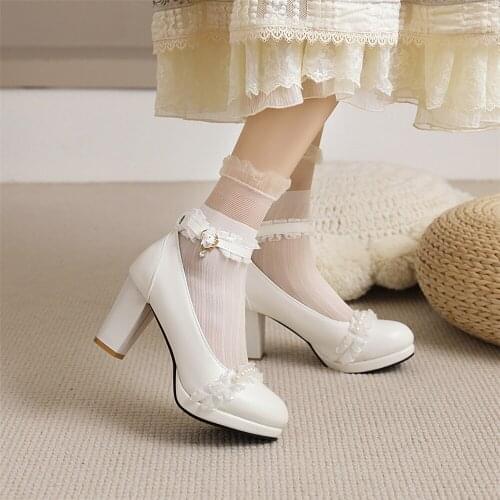 Spring 2021 Ladies Heels Platform Cute Ruffles Lace Princess Lolita Shoes Wedding Party High Heel Buckle Women Pumps Pink White