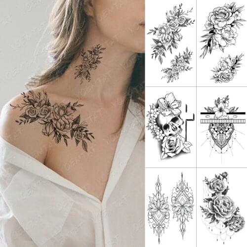 Waterproof Temporary Tattoo Sticker Cross Skull Flowers Flash Tattoos Rose Peony Body Art Arm Water Transfer Fake Tatoo Women