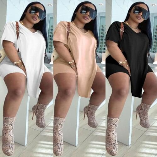 High Quality Women Solid Color Two Piece Sets Plus Size V-neck Split Loose T-shirts + Elastic Waist Skinny Shorts Casual Outfits