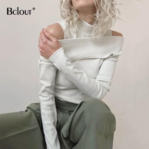 Bclout Stand Collar Open Shoulder T-Shirts Women Solid Long Sleeve Slim Crop Tops Summer Casual Party Street Elastic Tops Female
