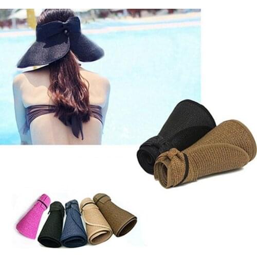 Women\s Summer Wide Brim Sun Visor Hats for Women Summer Straw Beach Hat Wide Brim Roll Up Ponytail Foldable Travel Hat Female