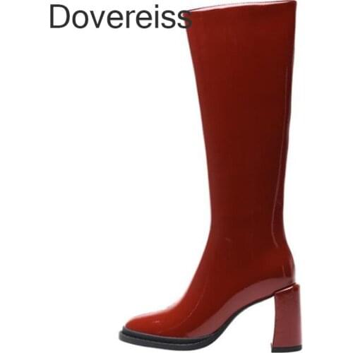 Dovereiss Fashion Womens Shoes Winter Goth Red Apricot Genuine Leather Chunky Heels Knee High Boots Block Heels New 41 42