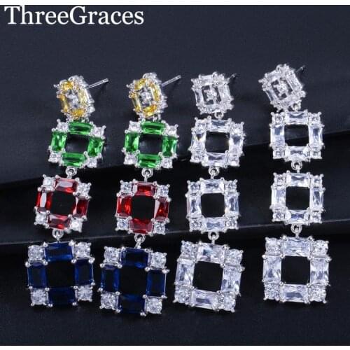 ThreeGraces Green Red Blue Color Cubic Zirconia Square Shaped Long Drop Earring for Women Jewelry ER079