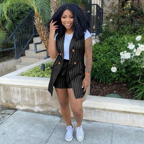 Neon Color Vertical Striped Blazer Two Piece Set Suit Women Double Breasted Vest Coat and Sashes Beach Short Business Outfits