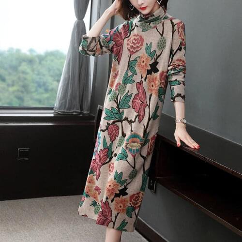 2021 Winter Casual Floral Knitted Turtleneck Sweater Dress Autumn Vintage Chic Women Elegant Bodycon Long Wool Sweaters Y488