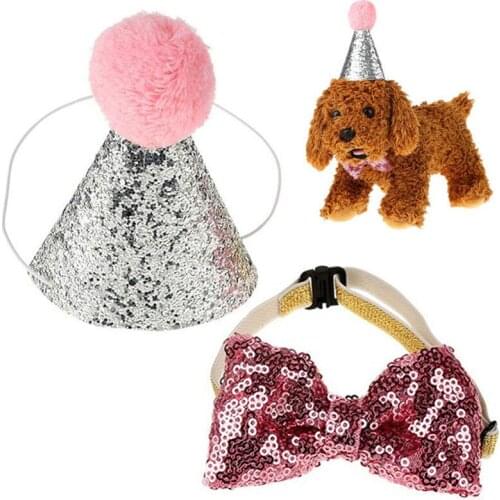 2Pcs/set Pet Dogs Caps With Bowknot Cat Dog Birthday Costume Sequin Design Headwear Cap Hat Party Pets Accessories