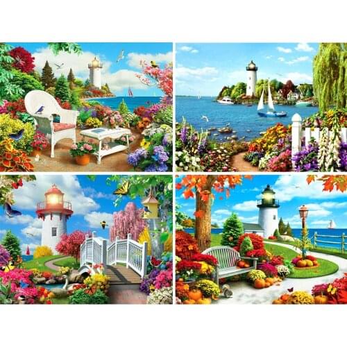 5D DIY Diamond Painting Landscape Lighthouse Garden Cross Stitch Full Drill Embroidery Mosaic Art Picture of Rhinestones Decor