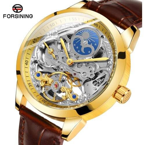 Forsining Automatic Mechanical Mens Watches Man Golden Clock Genuine Leather Strap Casual Waterproof Moon Phase Erkek Kol Saati
