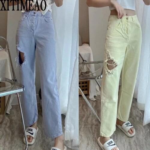 Za High Waist Loose Comfortable Sweet Color Jeans For Women Fashionable Casual Straight Pants Jeans Hole Jeans Xitimeao