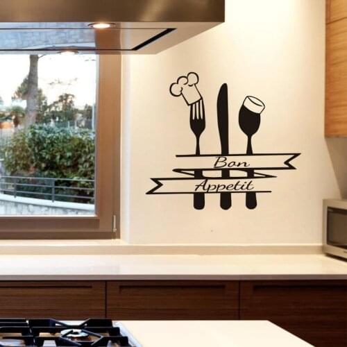 French Quote Kitchen Wall Decal Bon Appetit Sign Fork Spoon With Chef Head Vinyl Sticker Home Decor Dining Room Waterproof Z873
