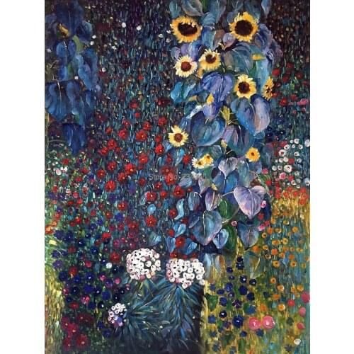 Handpainted Canvas Paintings - Farm Garden With Sunflowers by Gustav Klimt Decoration Oil Painting Reproductions Unframed